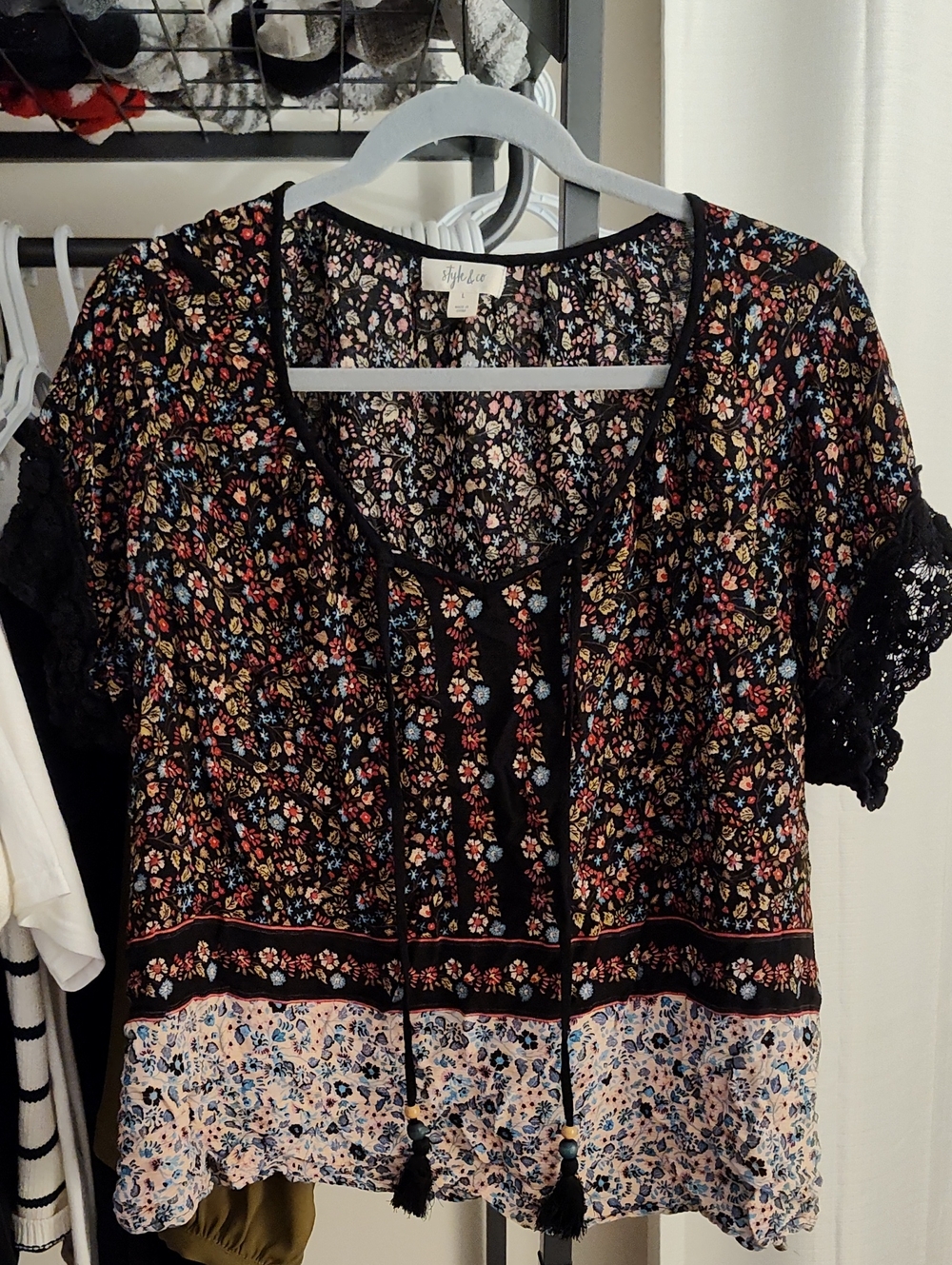 Style & Co. Black Floral Tie-Front Mixed Print Blouse